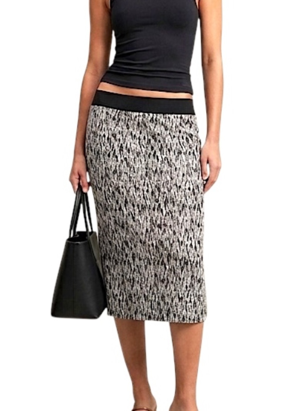 Minimalist Black White 90s style Stretchy geometric Print Pencil Midi Skirt S